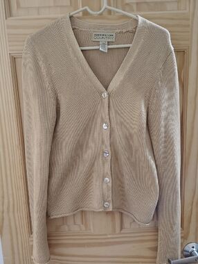 Jones New York Women's Tan Button-Up V-Neck Grandpa Core Cotton Cardigan